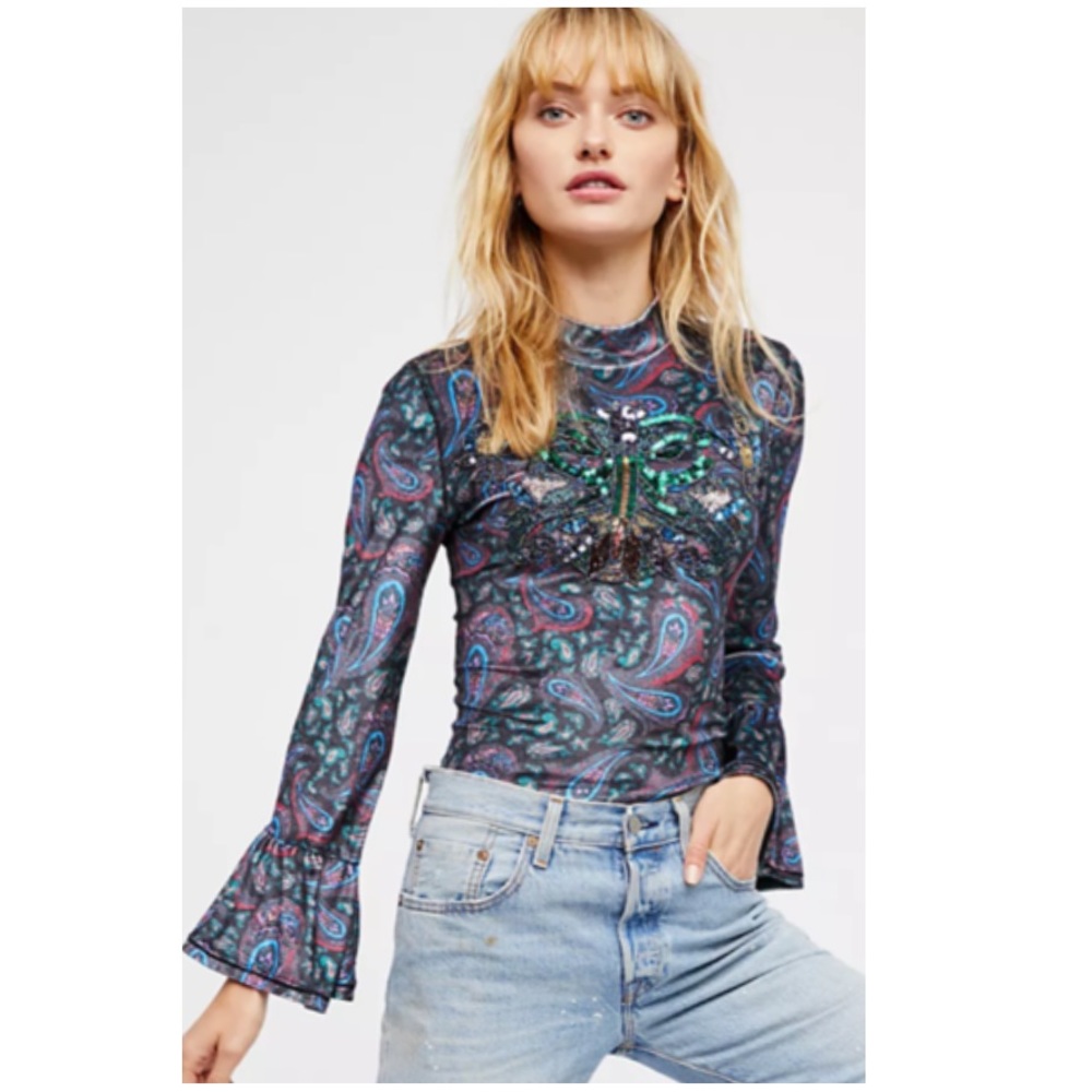 Free people Embellished Chic Long Sleeve Top